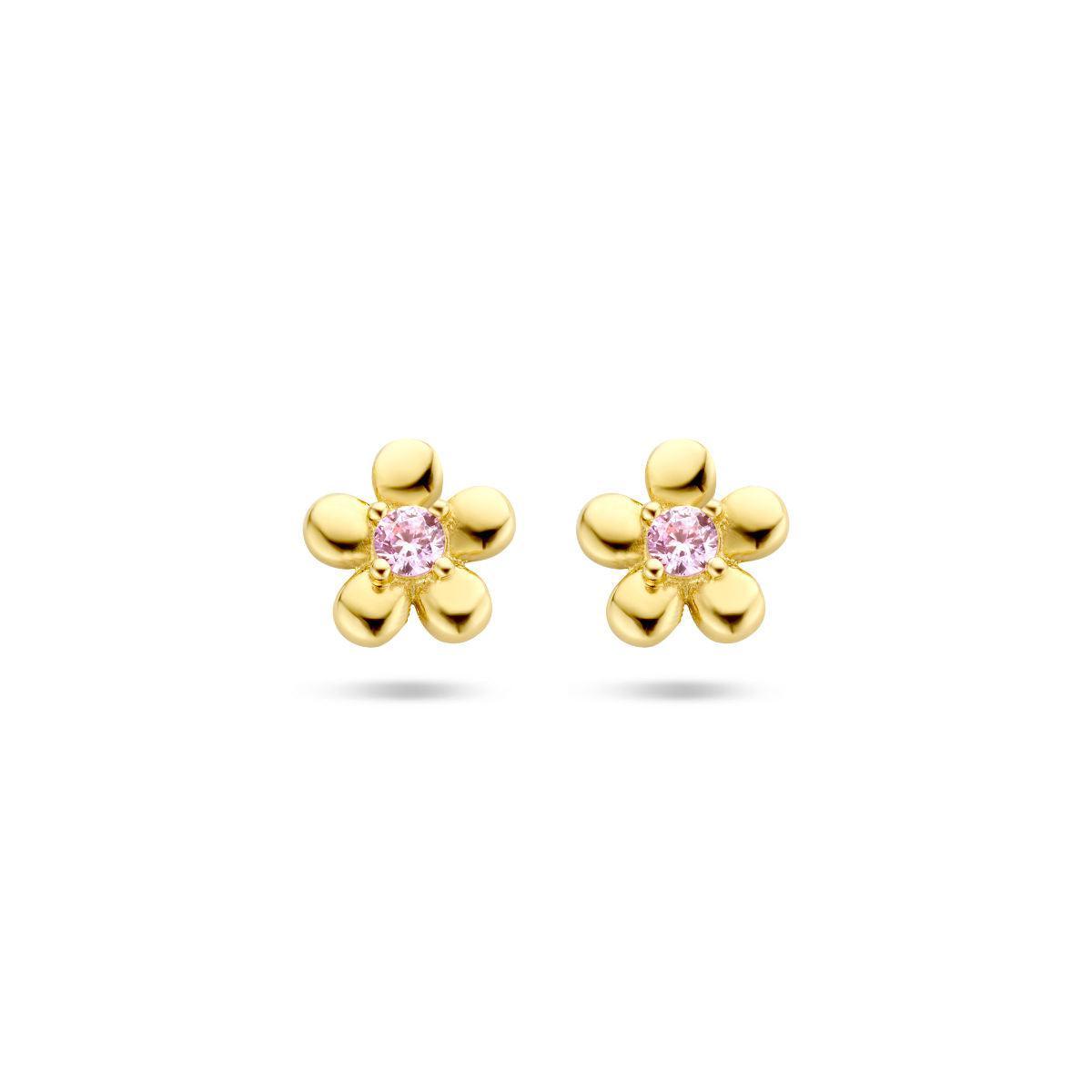 Oorknoppen bloem roze zirkonia 14k geelgoud - 40.26897 - Brunott Juwelier